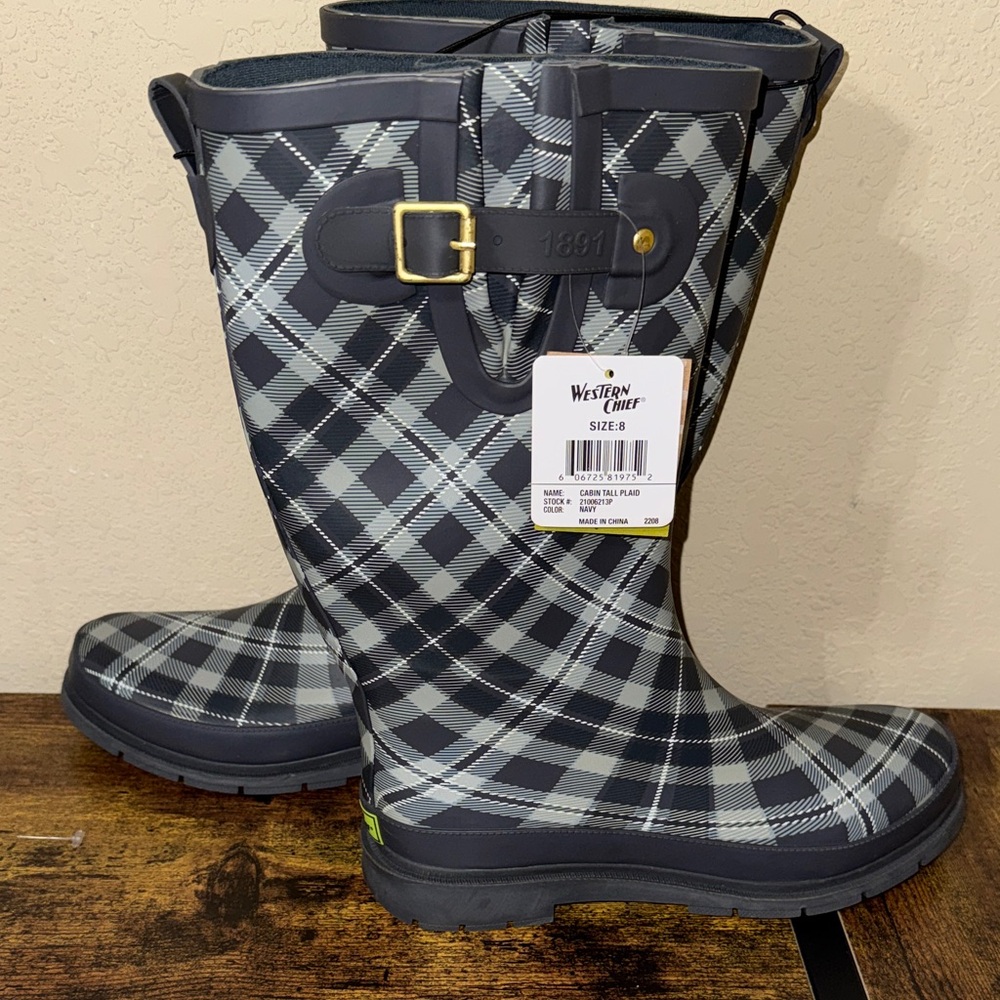 Western Chief Black, green, and Gray Plaid Rain Boots